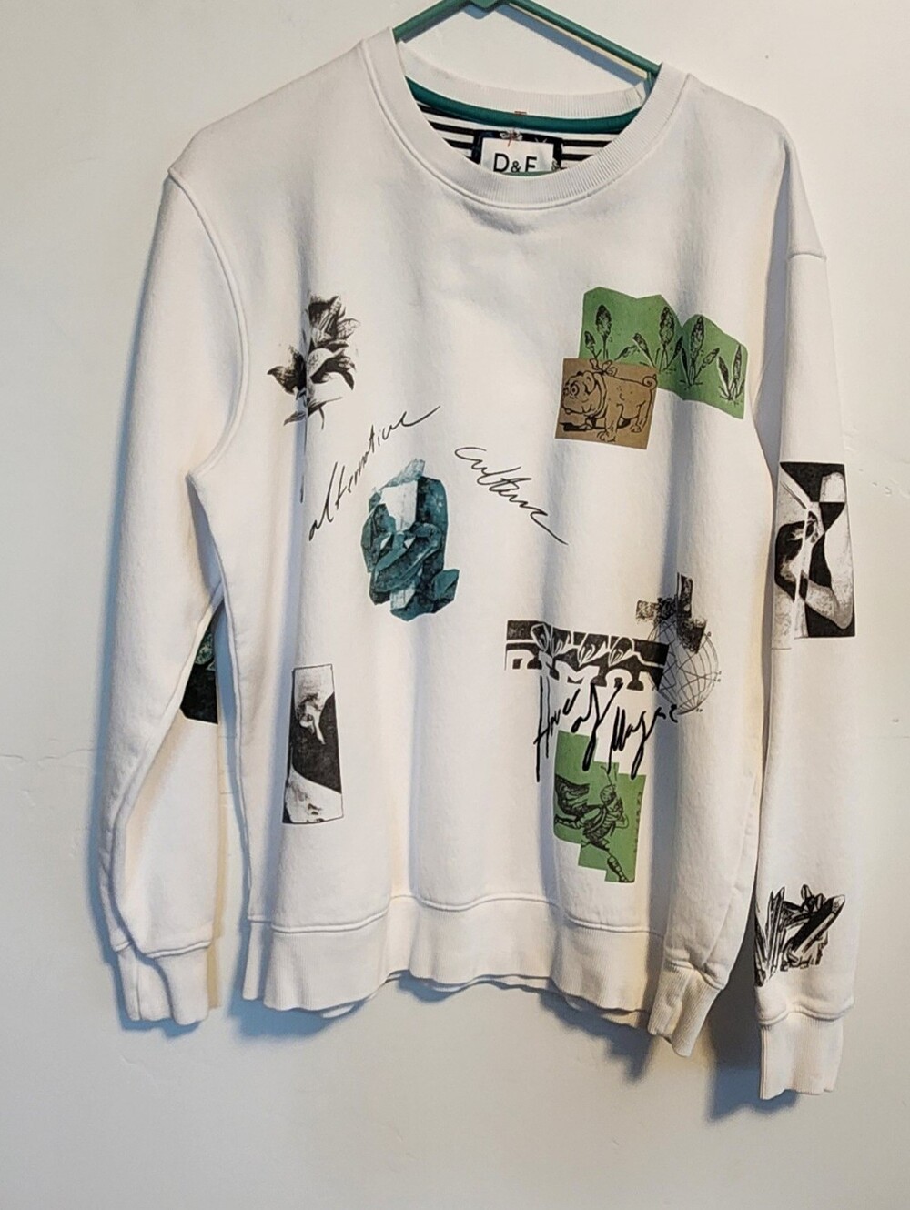 White Crewneck Sweatshirt with Green & Teal Graphic Accents